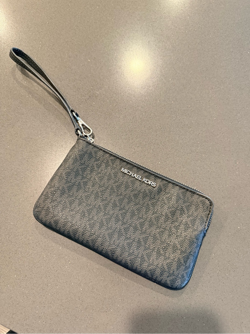 Michael Kors Black Zip Wristlet Pouch with Silver Logo & Strap